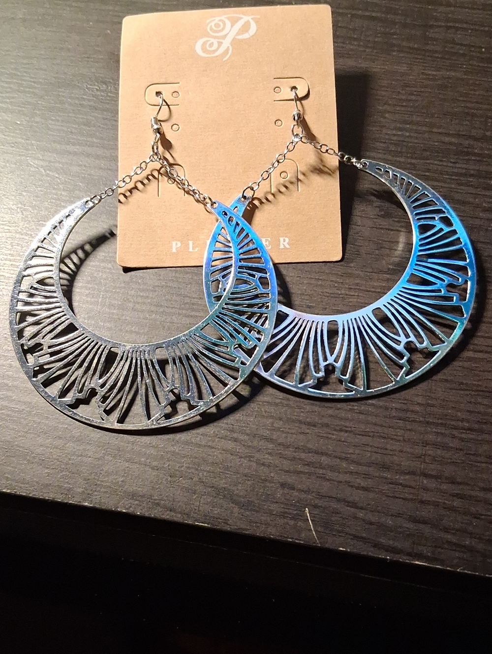 Plunder Iridescent Sliver Crescent Filigree Statement Earrings